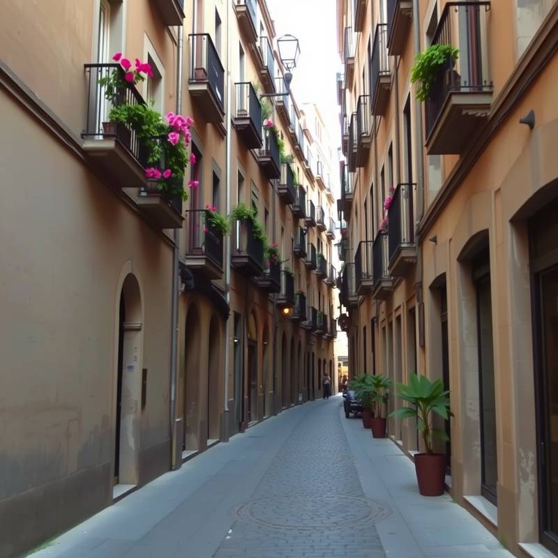 Calles estrechas y empedradas del Barrio Gótico de Barcelona, con edificios antiguos y balcones adornados con flores.