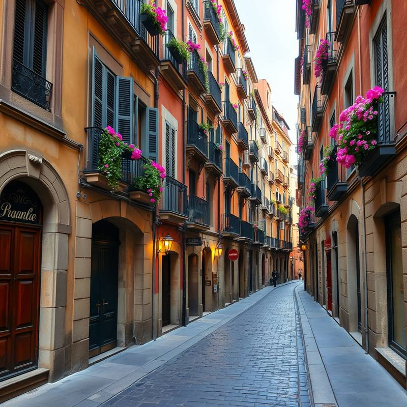 Calles estrechas y empedradas del Barrio Gótico de Barcelona, con edificios antiguos y balcones adornados con flores.
