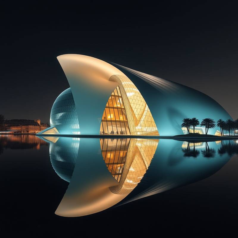 Ciudad de las Artes y las Ciencias en Valencia, con sus estructuras futuristas reflejadas en el agua.