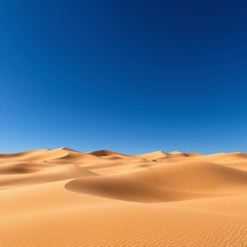 Dunas ondulantes del desierto del Sahara bajo un cielo azul intenso, creando un paisaje árido y majestuoso.