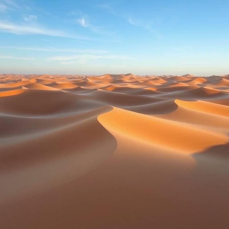 Dunas ondulantes del desierto del Sahara bajo un cielo azul intenso, creando un paisaje árido y majestuoso.