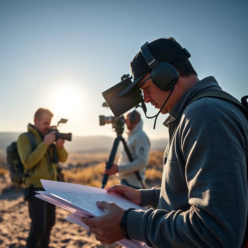 Equipo de búsqueda de locaciones trabajando con planos en una ubicación remota en España, mostrando su dedicación y profesionalismo.