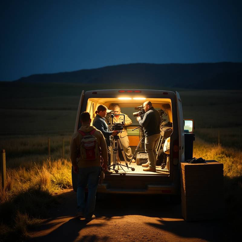 Equipo de producción descargando equipo de filmación de un camión en una locación rural, mostrando la logística de producción en acción.
