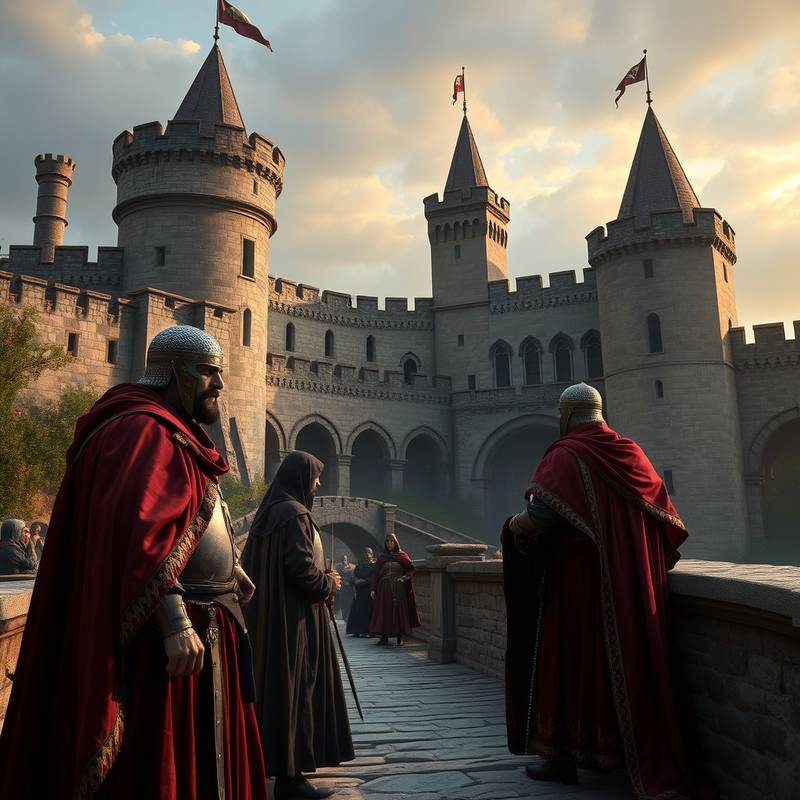 Escena de una serie histórica filmada en un castillo medieval español, con actores vestidos con trajes de época.