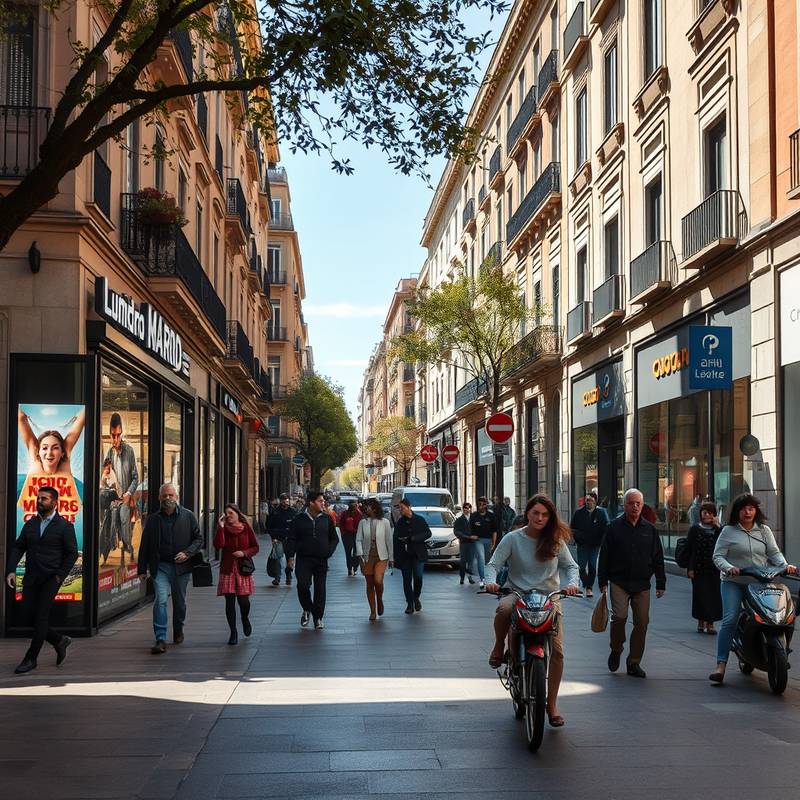 Fotografía de un anuncio publicitario filmado en las calles de Madrid, mostrando la vibrante vida urbana de la ciudad.
