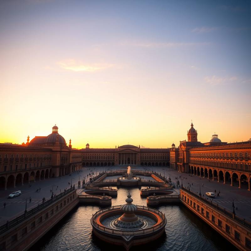 La Plaza de España en Sevilla, con su arquitectura renacentista y canales, bañada por la luz dorada del atardecer.