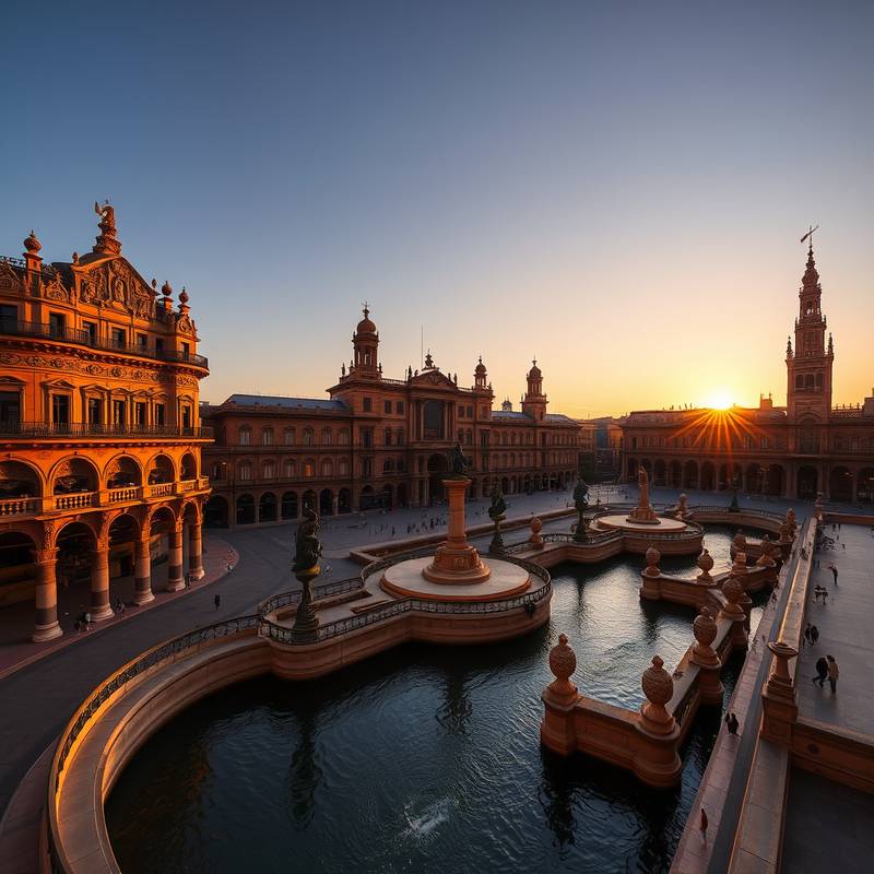 La Plaza de España en Sevilla, con su arquitectura renacentista y canales, bañada por la luz dorada del atardecer.