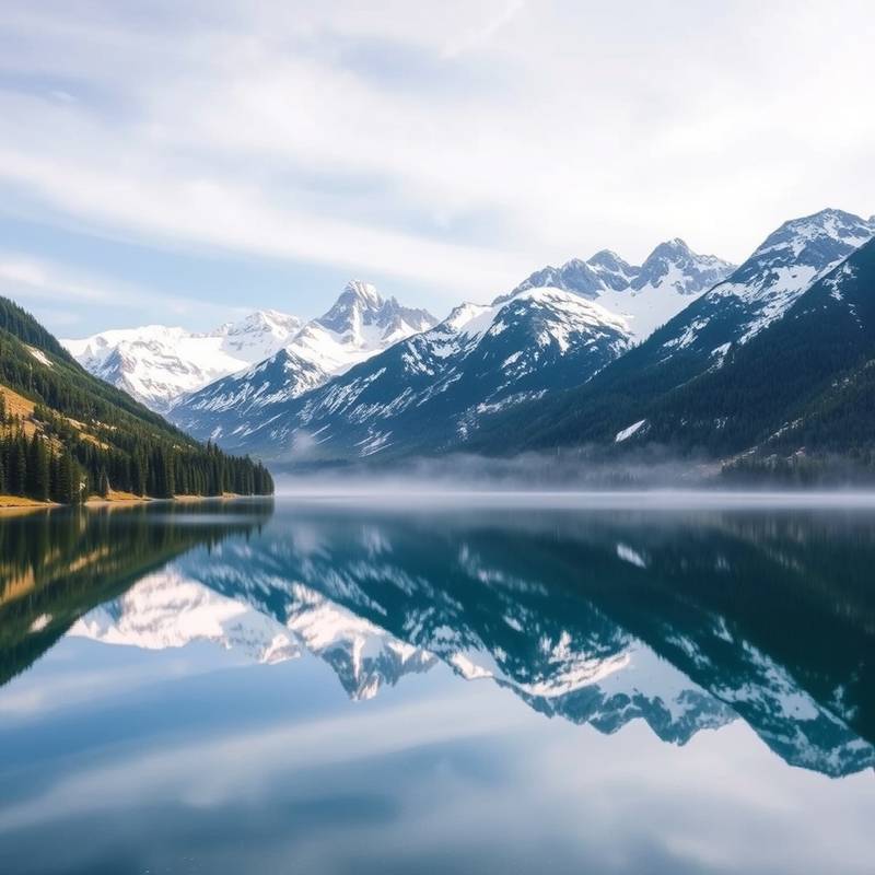 Picos nevados de los Pirineos reflejados en un lago alpino, rodeado de bosques verdes y cielos azules.