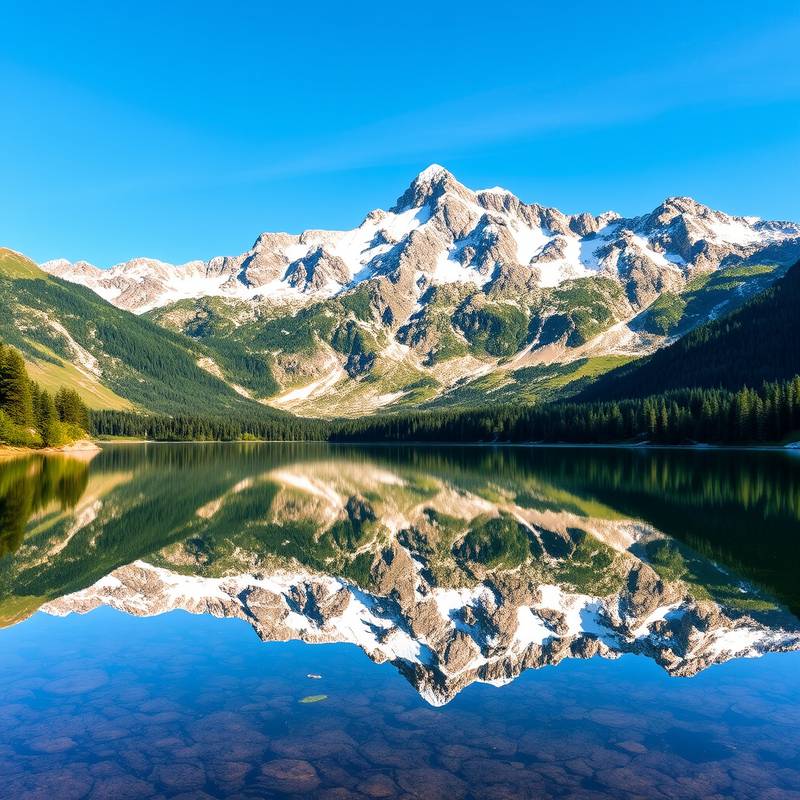 Picos nevados de los Pirineos reflejados en un lago alpino, rodeado de bosques verdes y cielos azules.