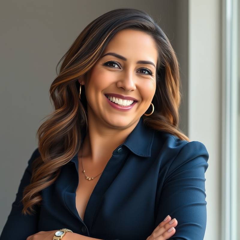 Retrato de Ana López, gerente de marketing de Localizaciones Estrella, mostrando una actitud entusiasta y profesional.