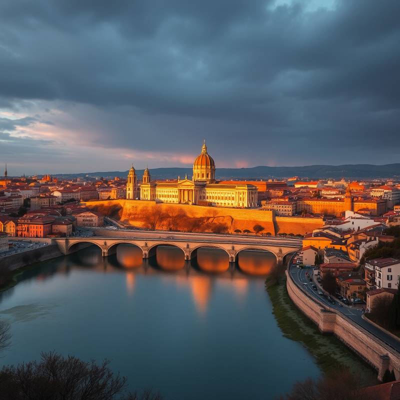 Vista panorámica de la ciudad de Toledo, con el río Tajo rodeando la ciudad y la Catedral de Toledo destacando en el horizonte.