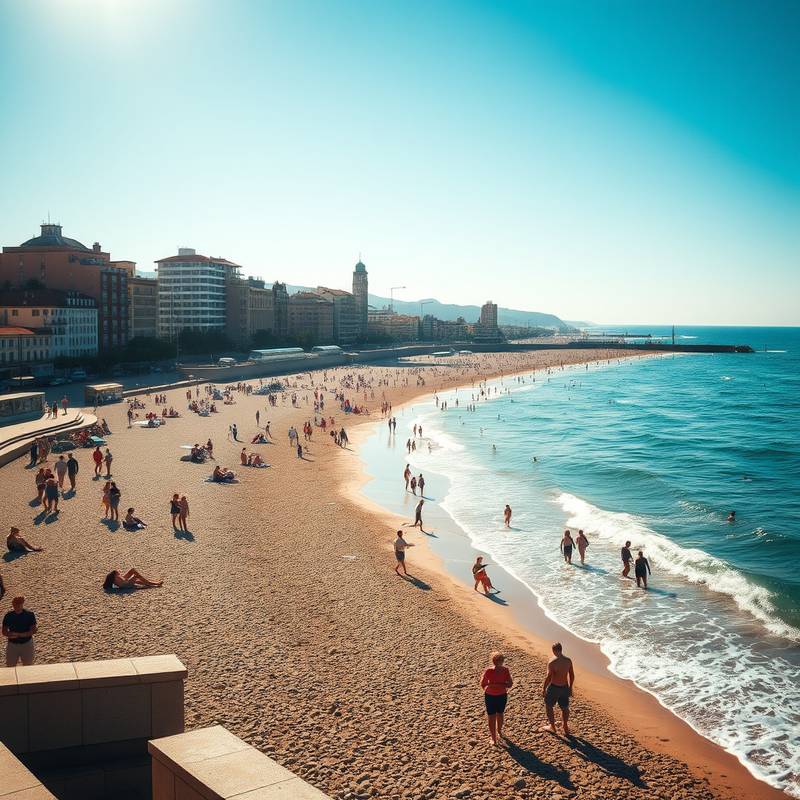 Vista panorámica de la playa de la Barceloneta en Barcelona, con el sol brillando y gente disfrutando del mar.