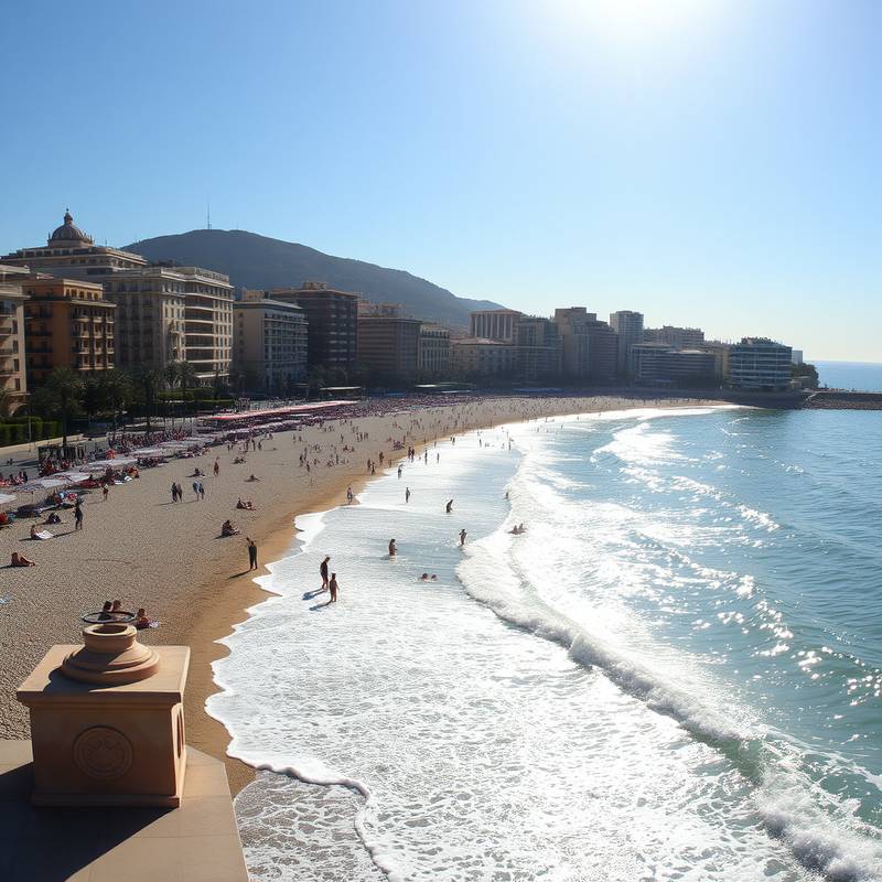 Vista panorámica de la playa de la Barceloneta en Barcelona, con el sol brillando y gente disfrutando del mar.